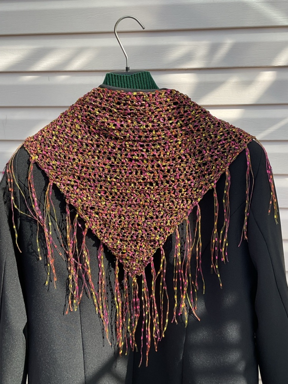 Handmade Crocheted Triangle Fringe Shawl - Multicolor